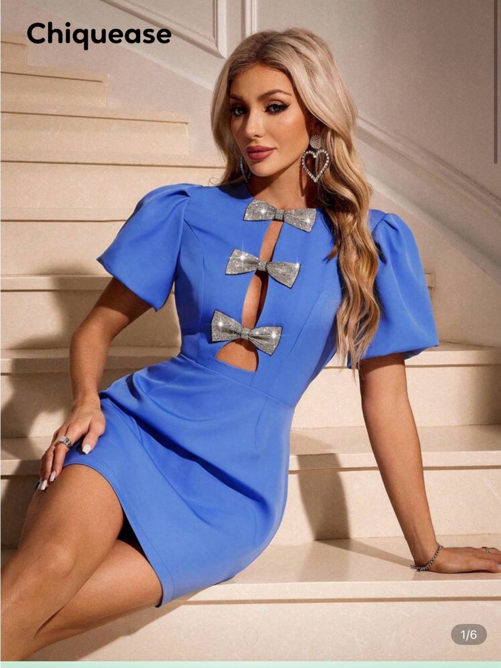 SHEIN NWOT Royal Blue Mini Dress with Silver Bow Accents